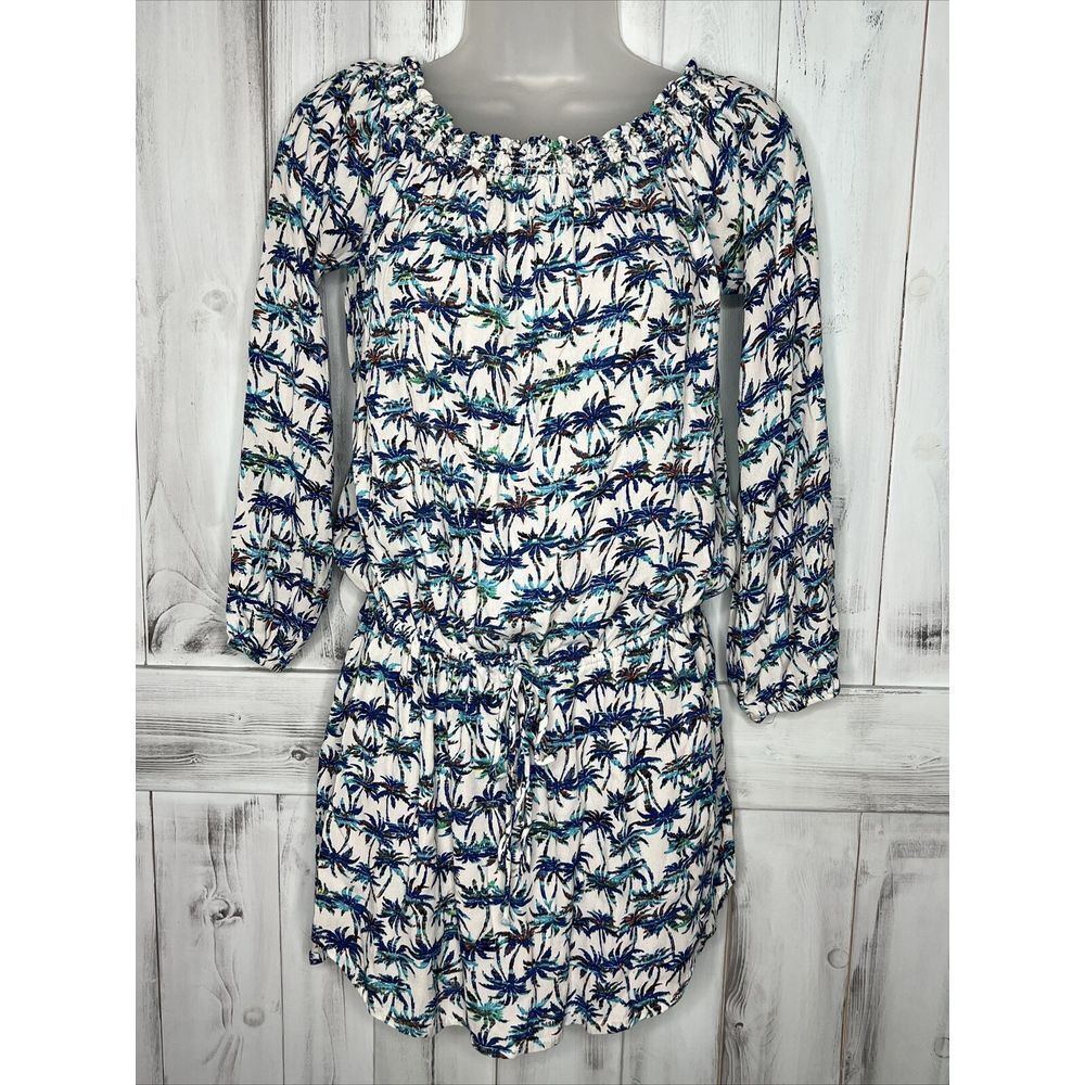LUCY LOVE BLUE WHITE PALM TREE BALLOON SLEEVE OFF SHOULDER TIE WAIST DRESS SMALL